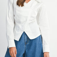 Asymmetric Wrap Blouse with Wide Collar
