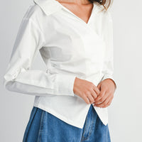 Asymmetric Wrap Blouse with Wide Collar