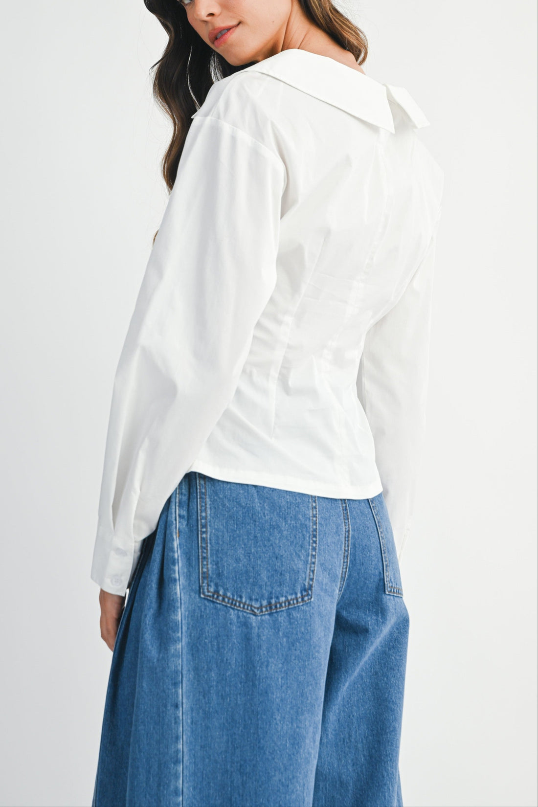 Asymmetric Wrap Blouse with Wide Collar