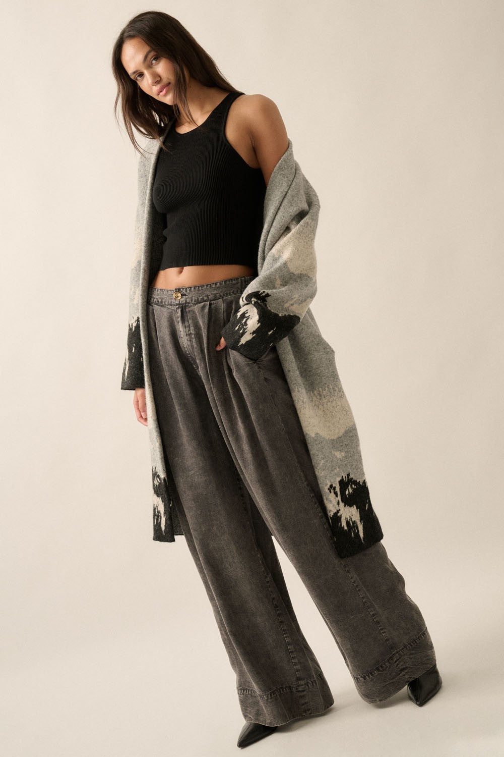 Pleated Wide Leg Light Denim Pants