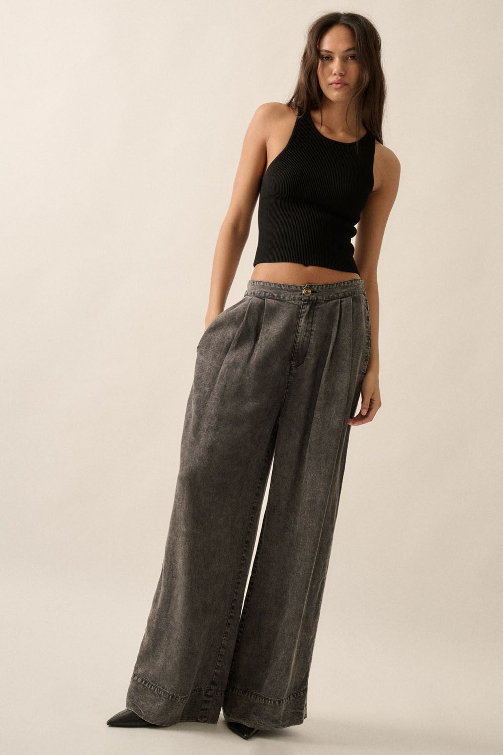 Pleated Wide Leg Light Denim Pants