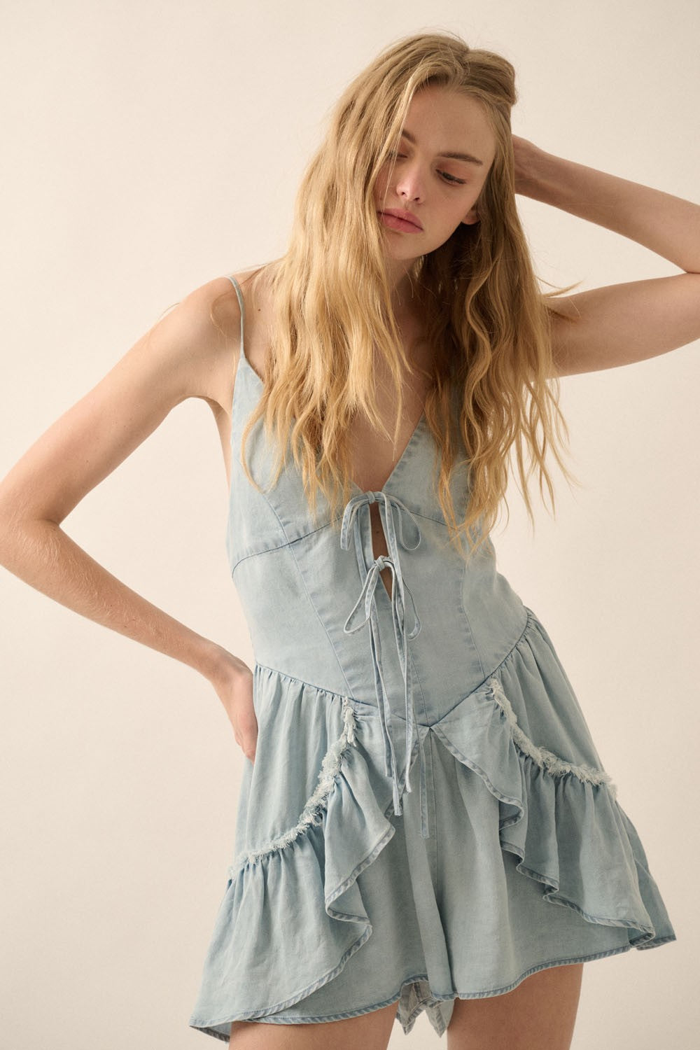Light Denim Ruffle Tie-Front Romper