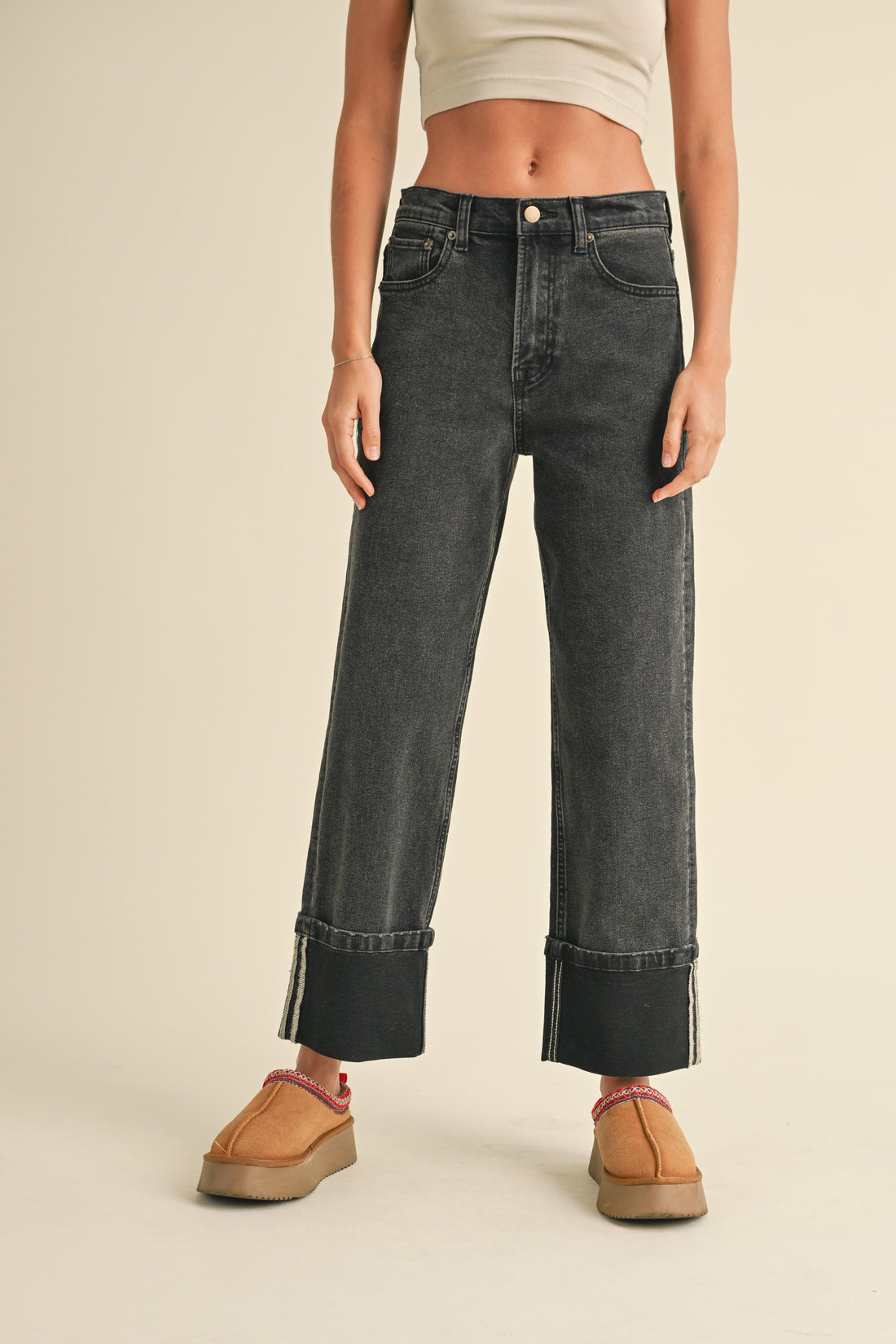 Cuffed Bottom Black Denim Pants