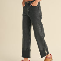 Cuffed Bottom Black Denim Pants