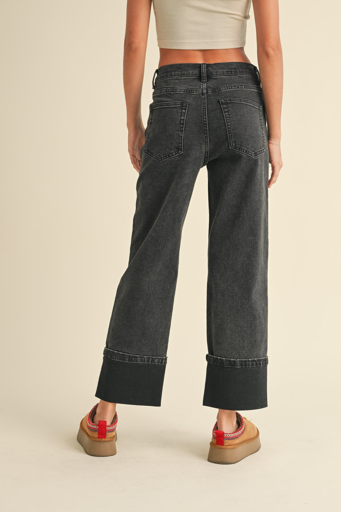 Cuffed Bottom Black Denim Pants
