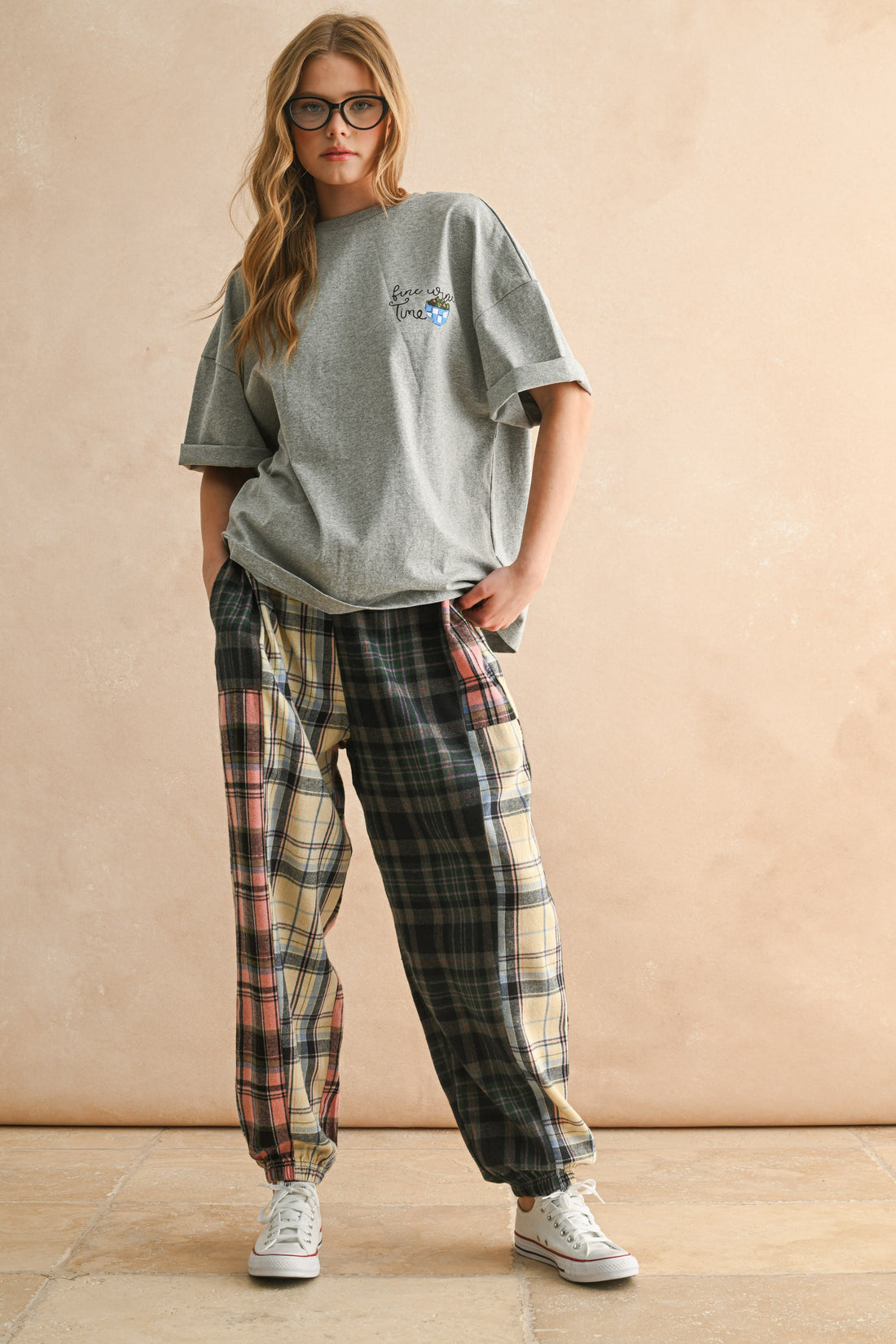 Mixed Plaid Patchwork Relaxed Pants