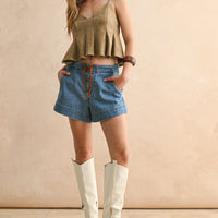 Suede Lace-Up Denim Shorts