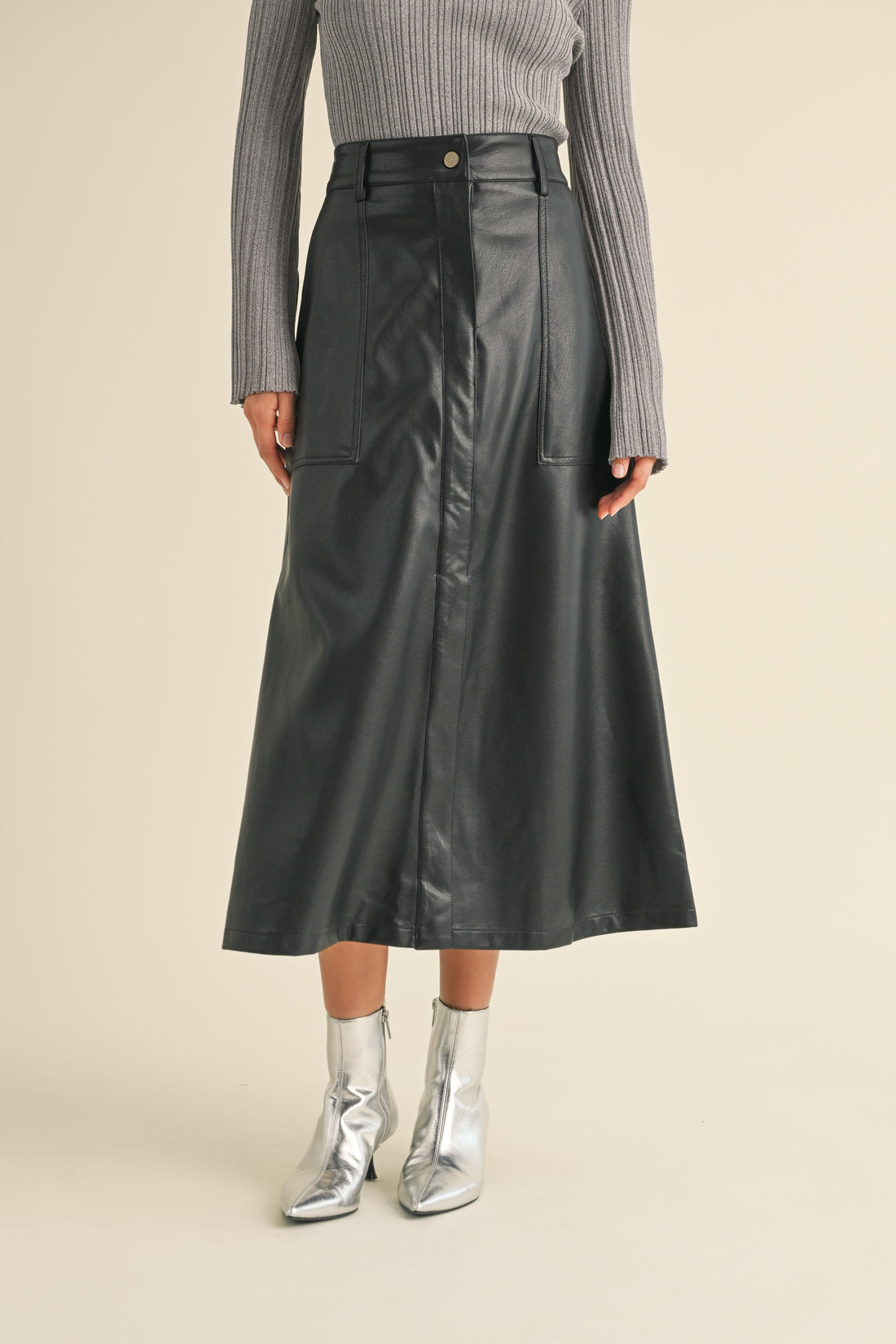 Front Slit A line Maxi Pleather Skirt