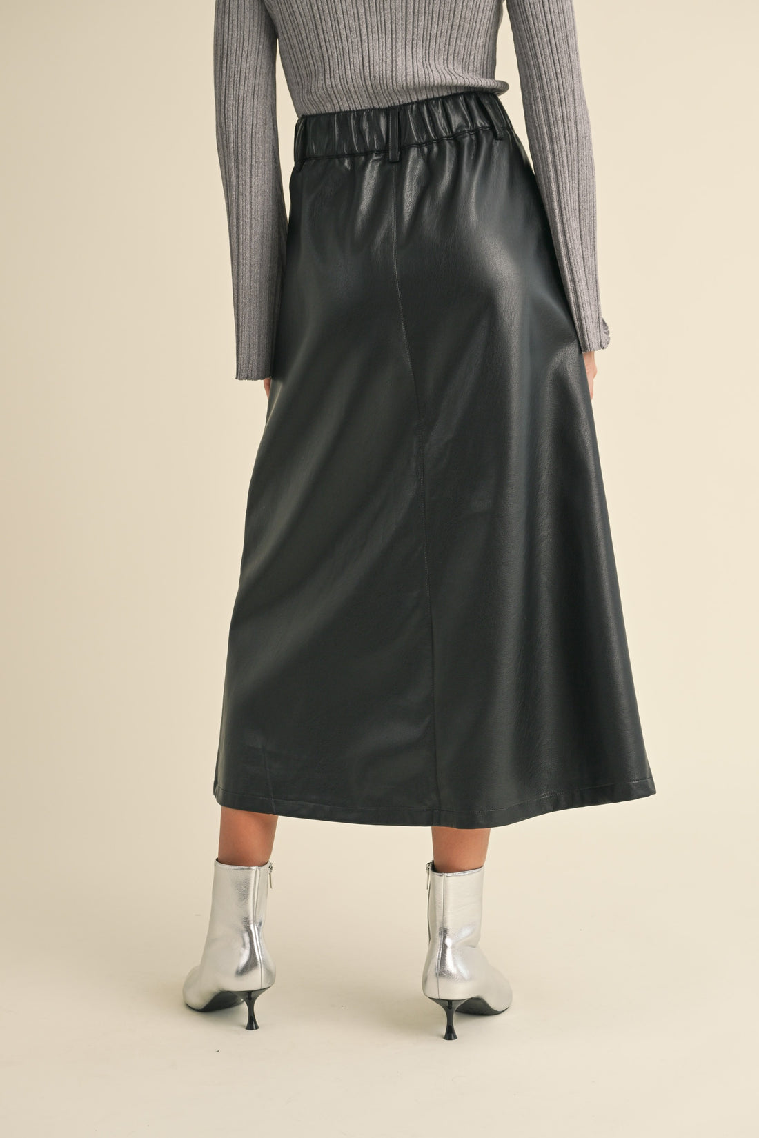 Front Slit A line Maxi Pleather Skirt