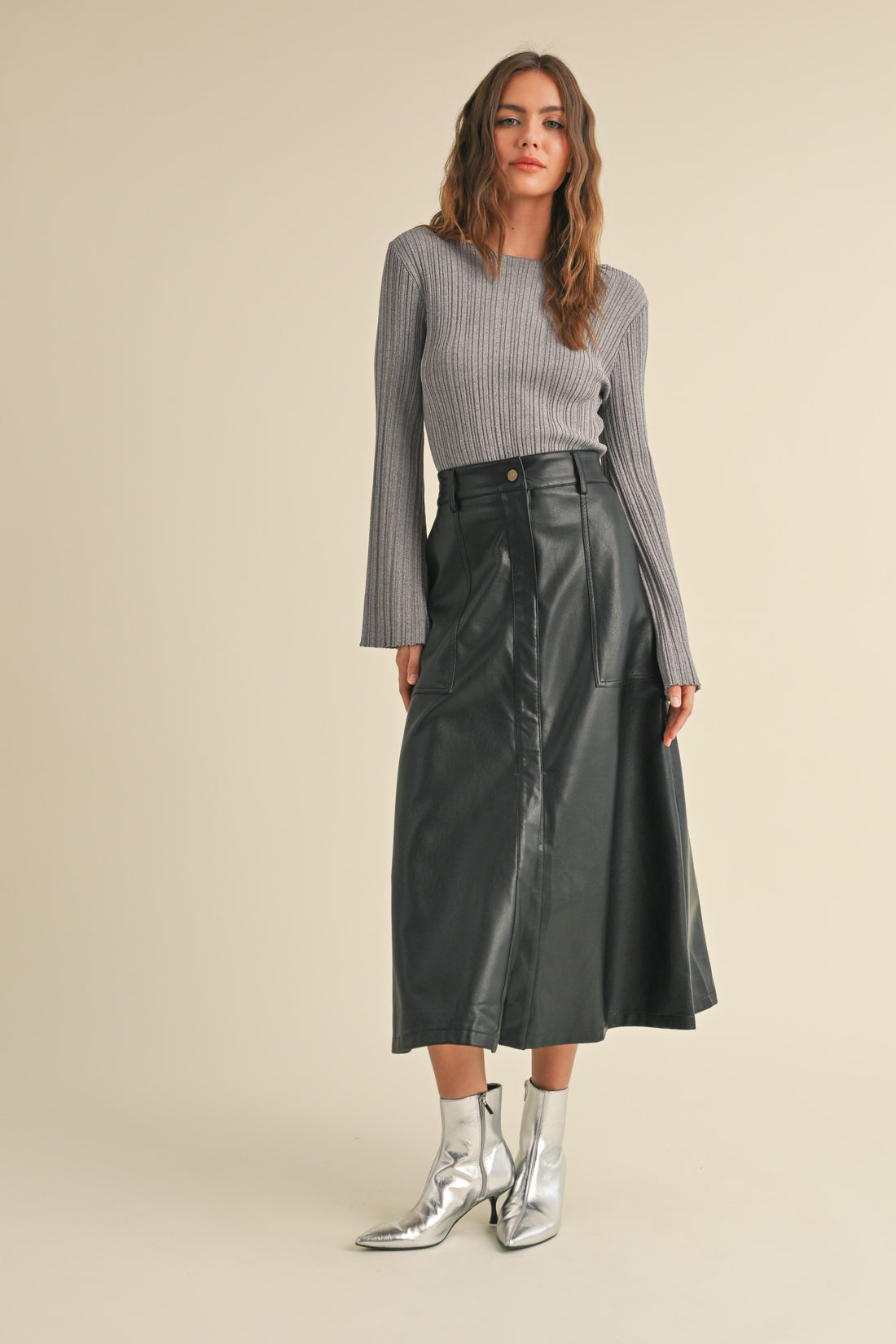 Front Slit A line Maxi Pleather Skirt