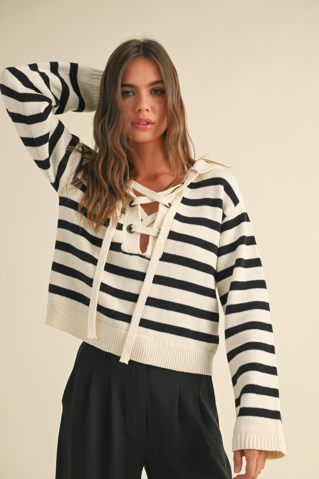 Stripe Lace up Sailor Collar Sweater