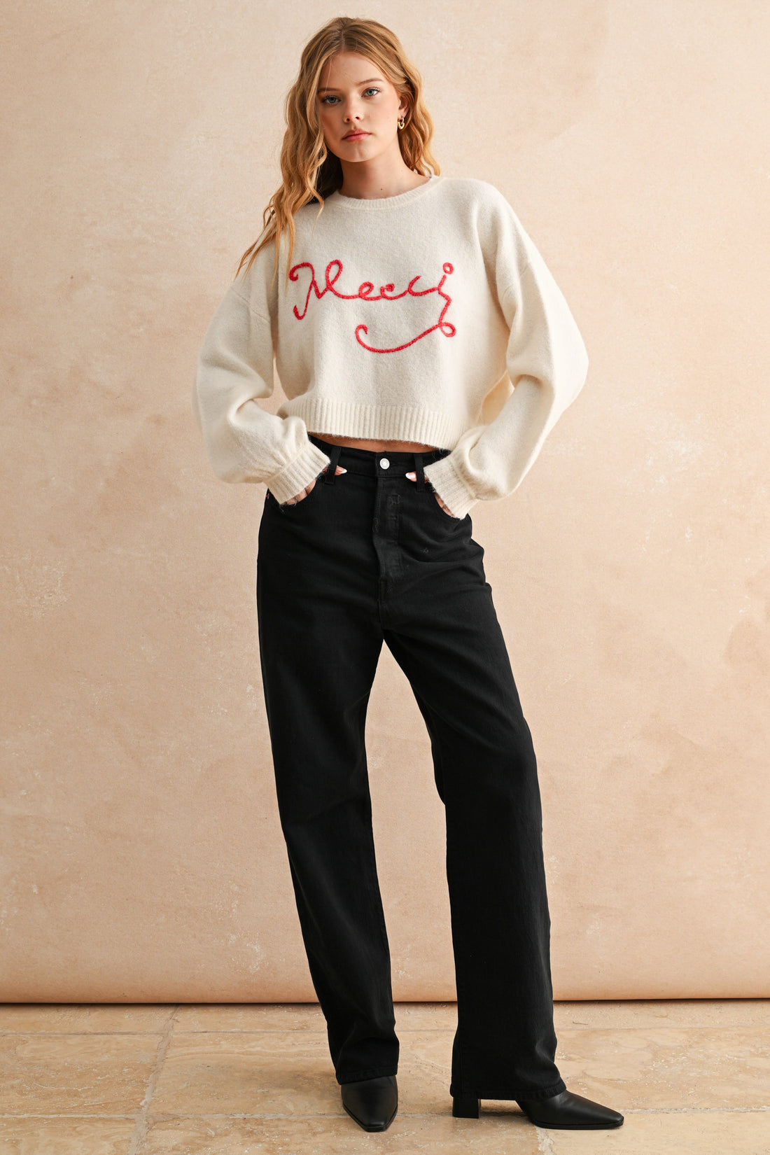 Merci Handwritten Cropped Knit Sweater