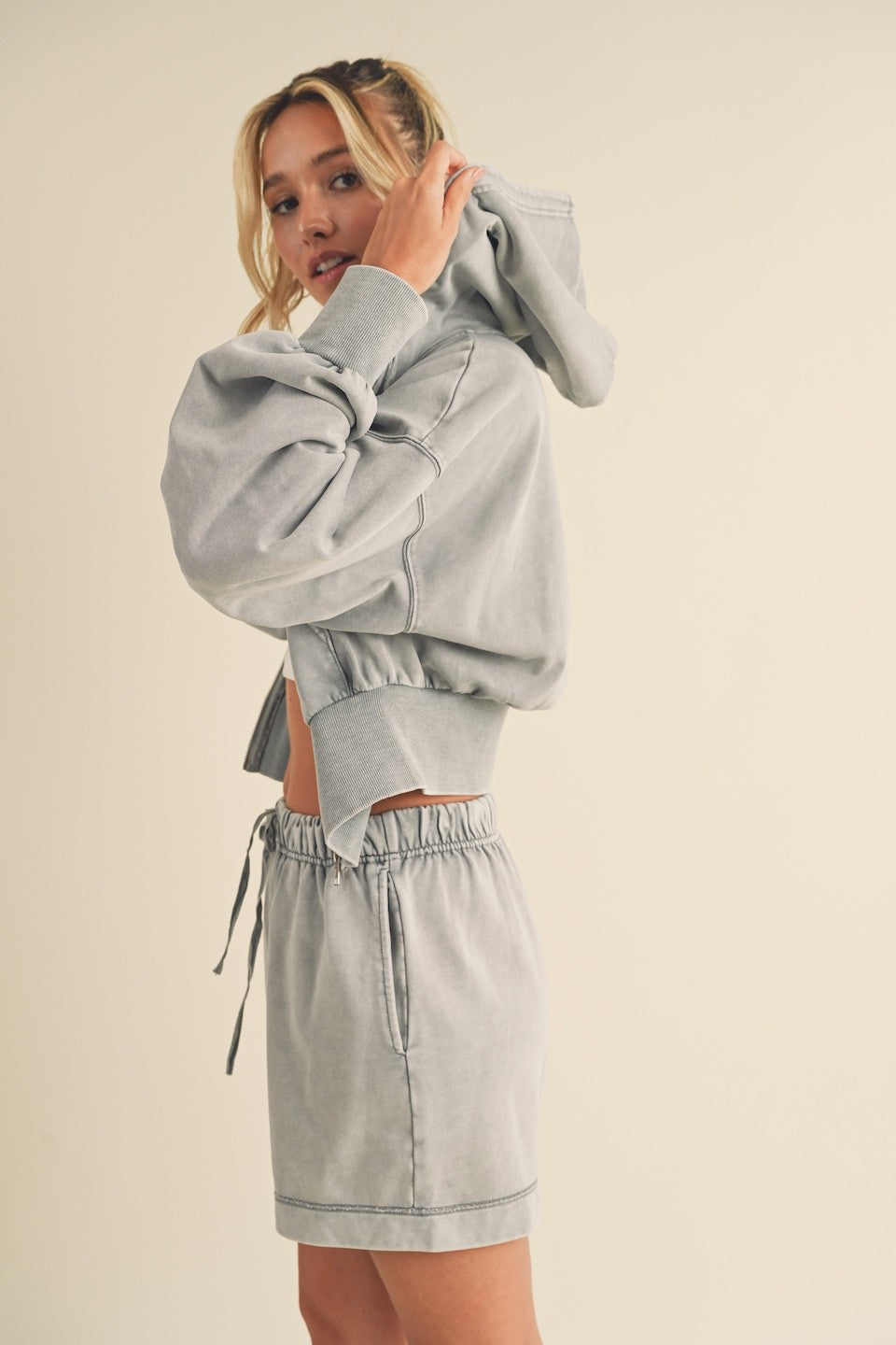 Mineral Washed Zip Up Cropped Hoodie