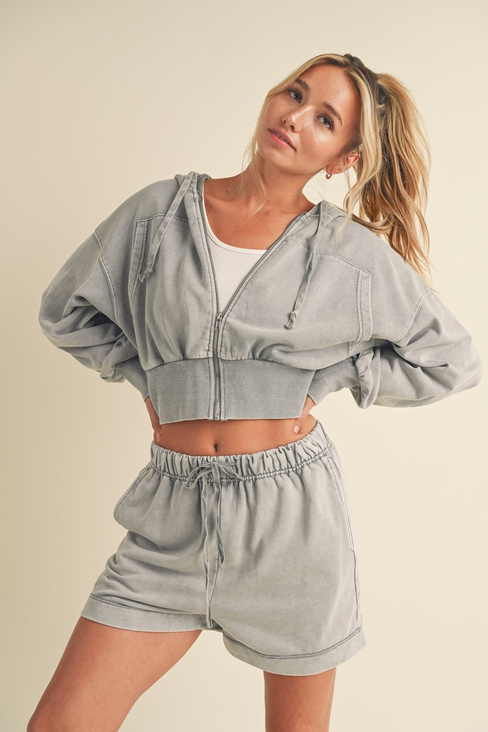 Mineral Washed Zip Up Cropped Hoodie