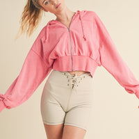 Mineral Washed Zip Up Cropped Hoodie