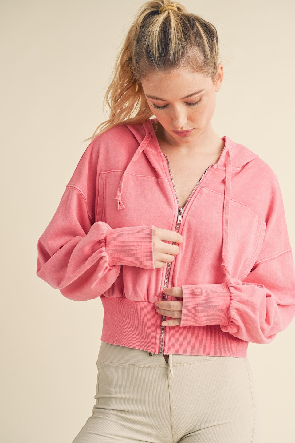 Mineral Washed Zip Up Cropped Hoodie