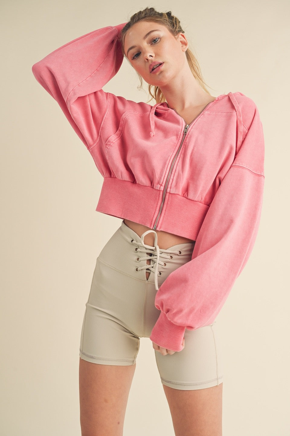 Mineral Washed Zip Up Cropped Hoodie