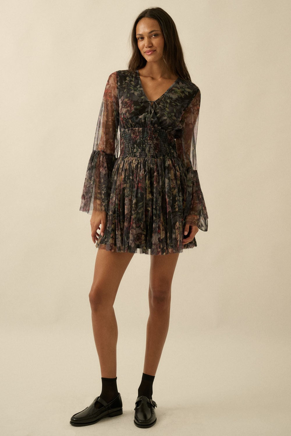 Floral Tulle Bell Sleeve Mini Dress
