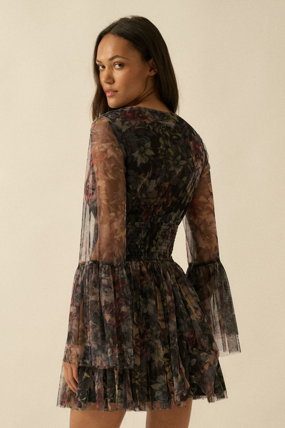 Floral Tulle Bell Sleeve Mini Dress