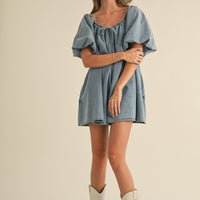 Puff Sleeve Babydoll Denim Romper