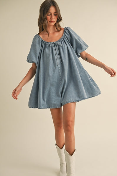 Puff Sleeve Babydoll Denim Romper