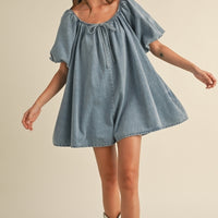 Puff Sleeve Babydoll Denim Romper