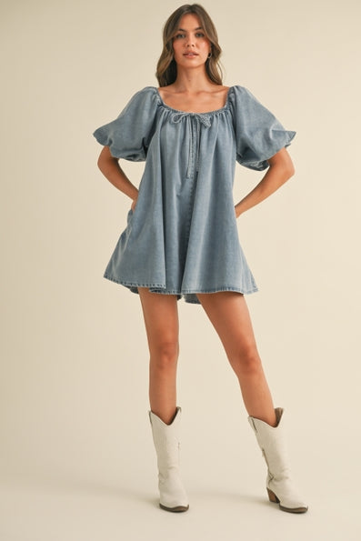Puff Sleeve Babydoll Denim Romper