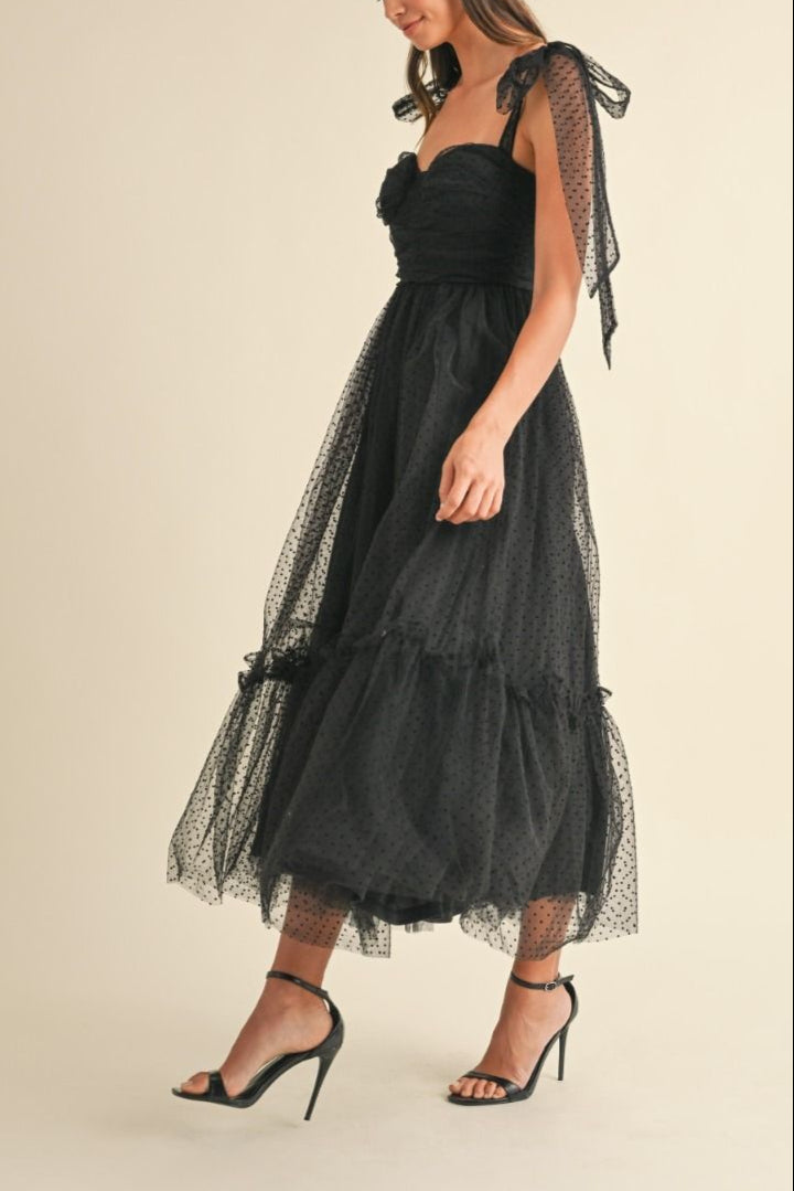 Polka Dot Mesh Tie Shoulder Midi Dress