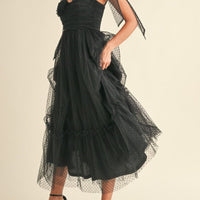 Polka Dot Mesh Tie Shoulder Midi Dress